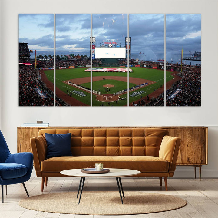 This framed 3-panel canvas MLB wall art features a giant flag and fans under a cloudy sky at Oracle Park.