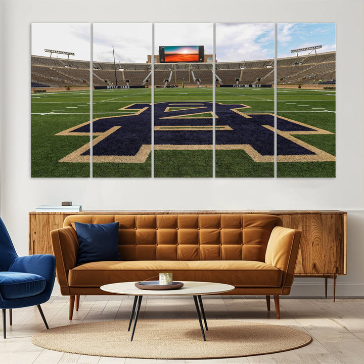 Notre Dame Stadium Triptych: This ready-to-hang giclee canvas print features a vibrant depiction of the football field adorned with an A logo and a stunning sunset.