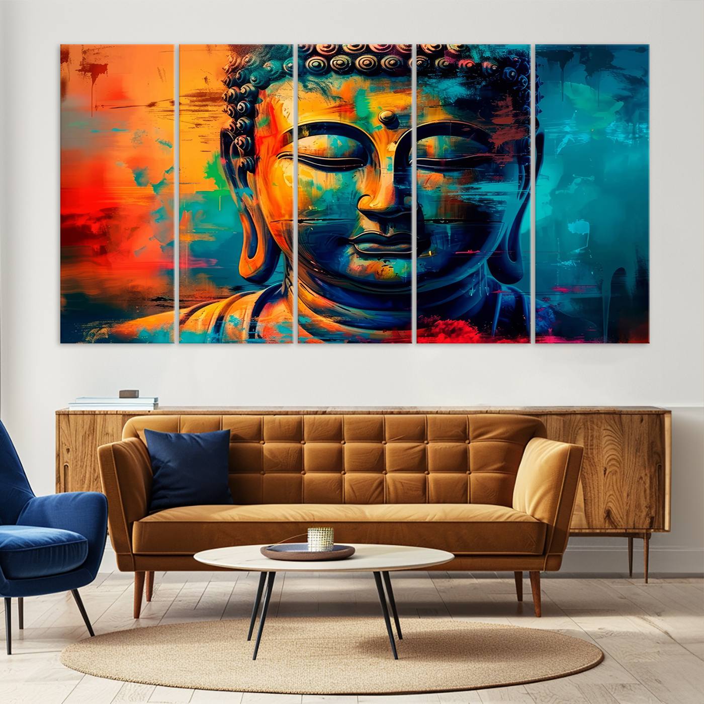 A vibrant, abstract artistic rendition of a Buddha statue face, blending bold and contrasting colors to evoke a sense of peace, spirituality, and enlightenment.