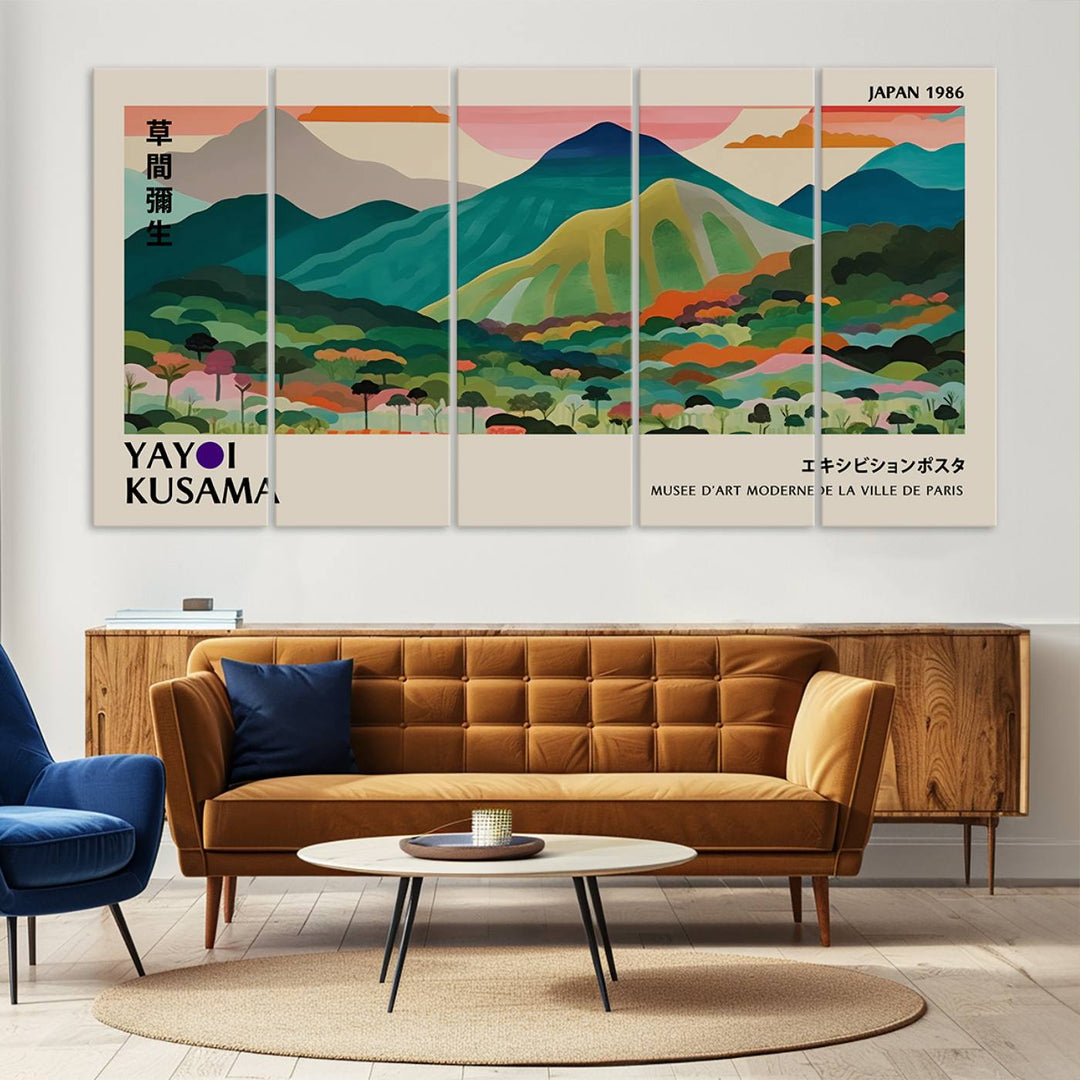 Vibrant Kusama landscape canvas featuring floral mountains and botanical decor, ideal for a modern home.