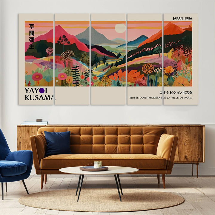 The Yayoi Kusama Landscape Print features vibrant floral mountains with abstract designs, ideal for modern decor.