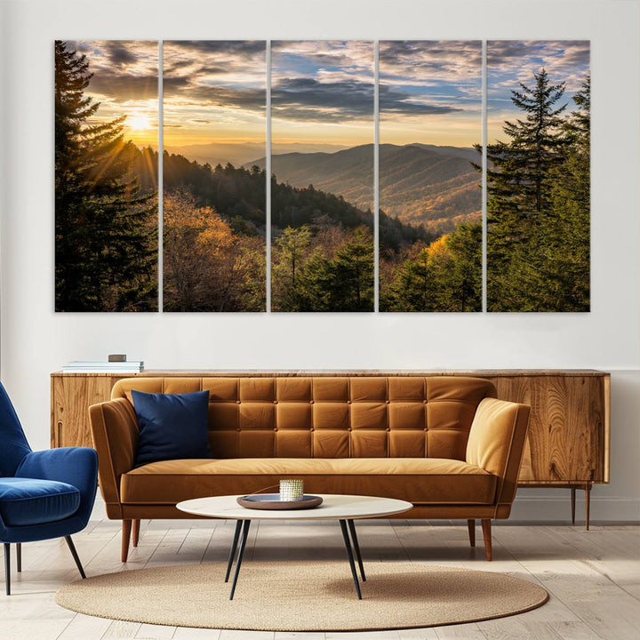 The dining area is beautifully decorated with the Sunrise Over the Smoky Mountains Canvas Wall Art – a breathtaking scenic landscape photography in a stunning triptych that's ready to hang.