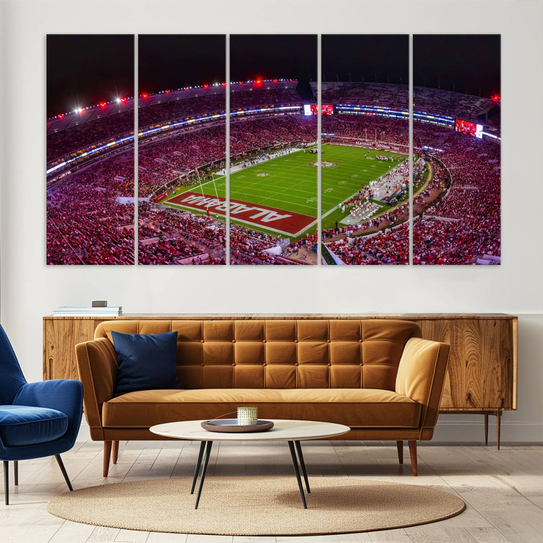 The living room features a Bryant-Denny Stadium Night Game Triple Canvas Wall Art.