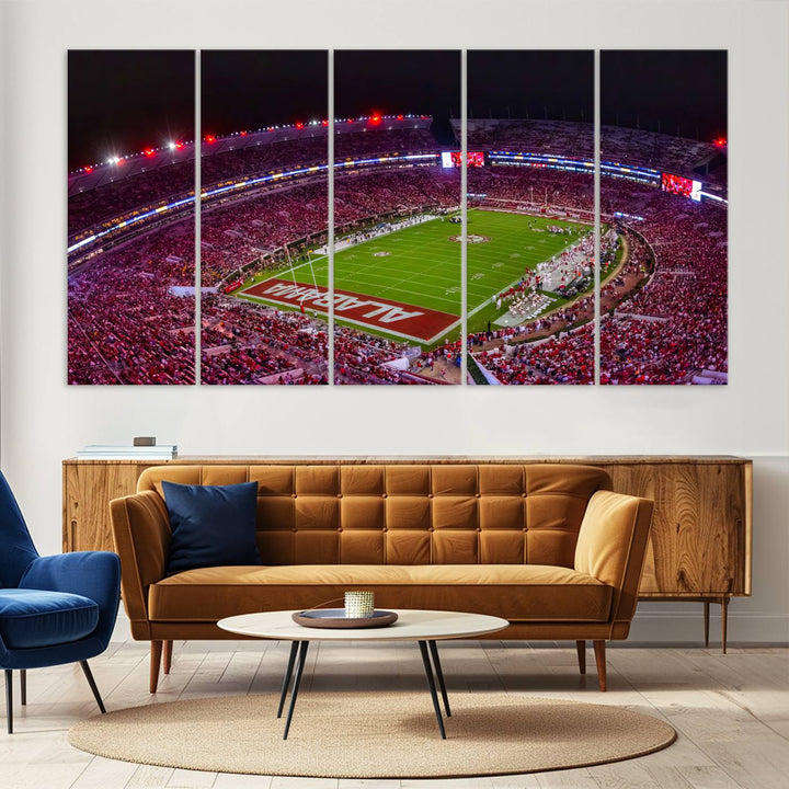 A stunning triptych canvas wall art of the Bryant-Denny Stadium Night Game perfectly captures the energy and excitement of an Alabama Crimson Tide football match at night.