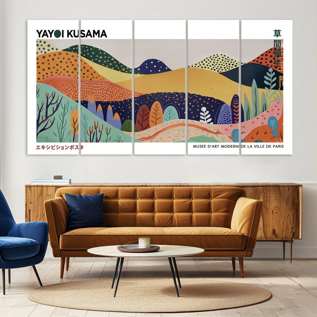 A Yayoi Kusama abstract landscape print adorns the wall.