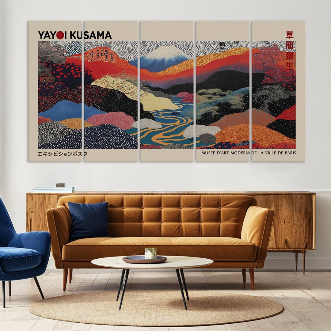 The room showcases Kusamas 1986 vibrant abstract landscape wall art print.