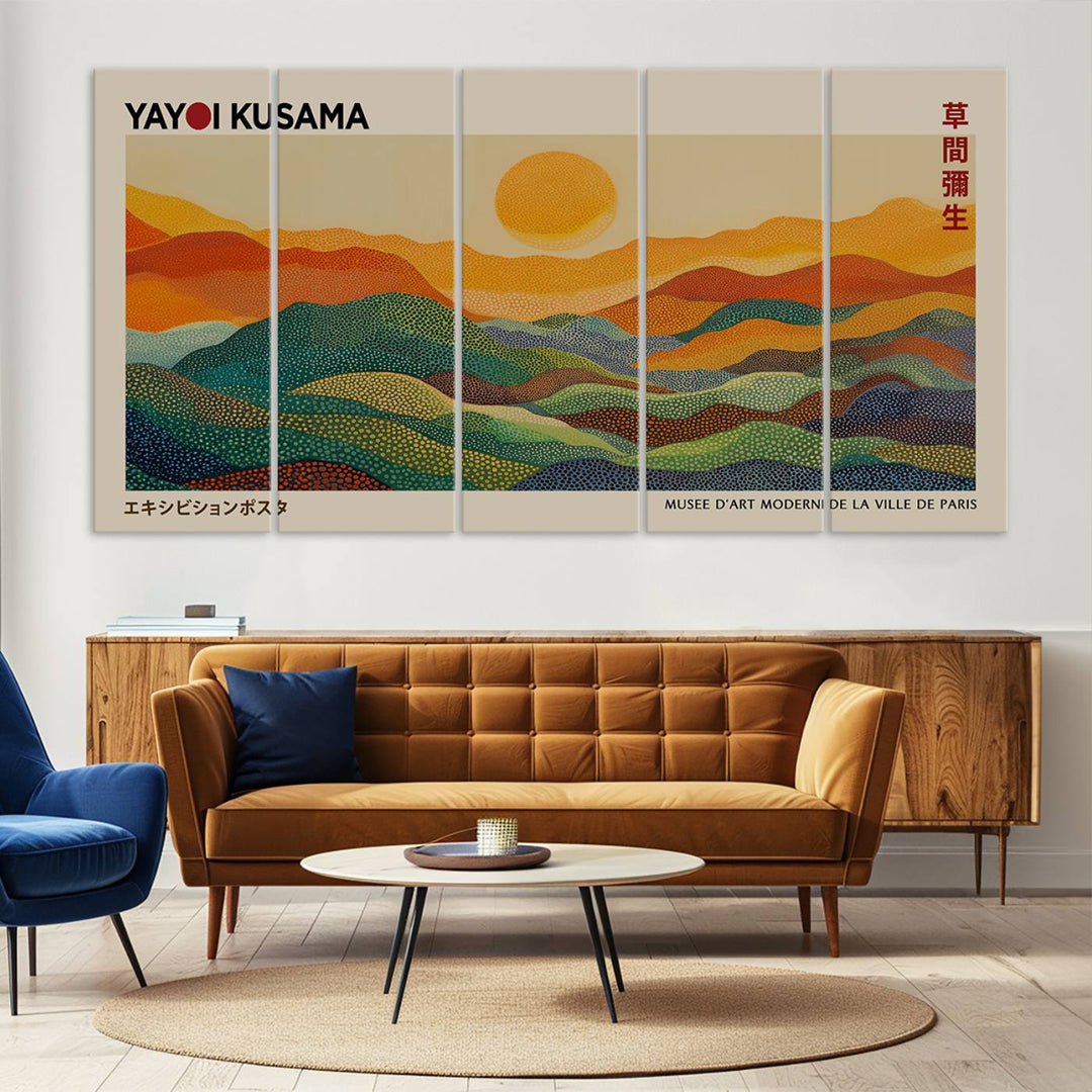 The vibrant abstract landscape depicted in the three-panel "Framed Yayoi Kusama 1986 Wall Art Print" seamlessly integrates nature-inspired décor.