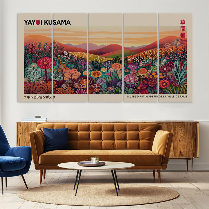 The room is adorned with a triptych artwork depicting colorful flowers and hills, incorporating the "Framed Yayoi Kusama 1986 Wall Art Print" – a vibrant abstract landscape canvas print that blends Japanese Wabi Sabi themes into contemporary nature-inspired décor.