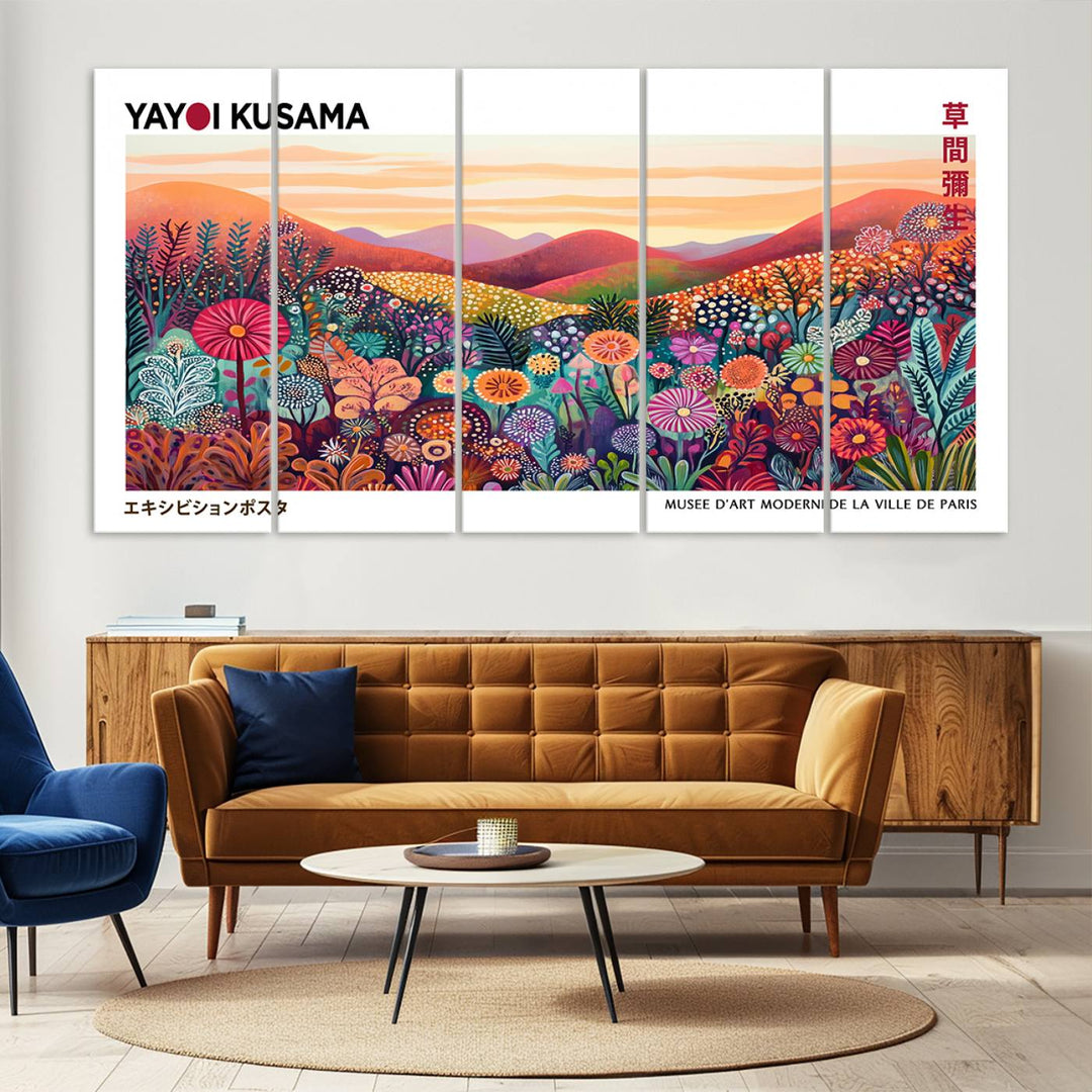 A Framed Yayoi Kusama 1986 Wall Art Print, showcasing a vibrant abstract landscape with flowers and reflecting the Wabi Sabi style, is displayed.