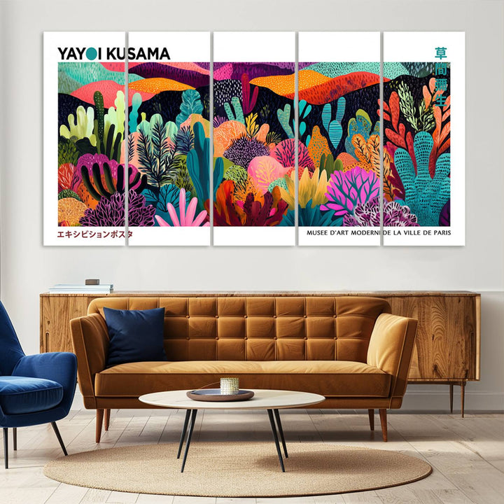 Yayoi Kusamas vibrant abstract landscape print.