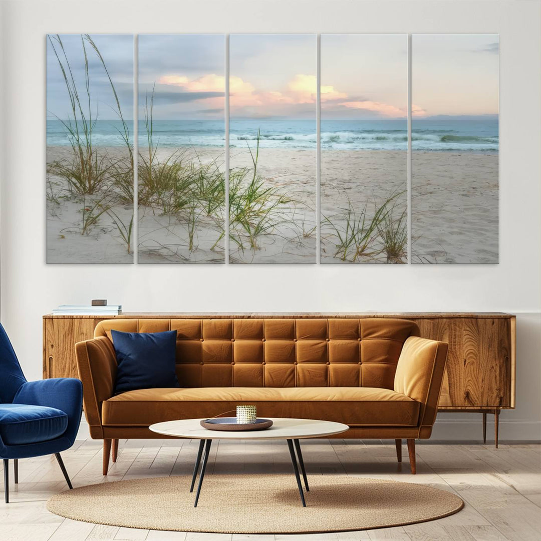 Flight Over Coastal Beach print on UV canvas displayed against white walls.