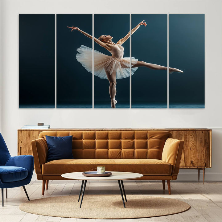 This stunning Ballerina Canvas Wall Art Print captures the elegance of a ballet dancer in motion, beautifully highlighted against a stage-like backdrop with delicate decor and natural elements. As graceful dance-inspired wall decor, it adds an element of grace and movement to any living room, office, or bedroom and is ready to hang.