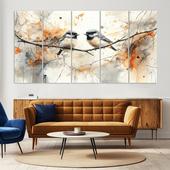 The living room features abstract watercolor chickadee bird art on the wall.