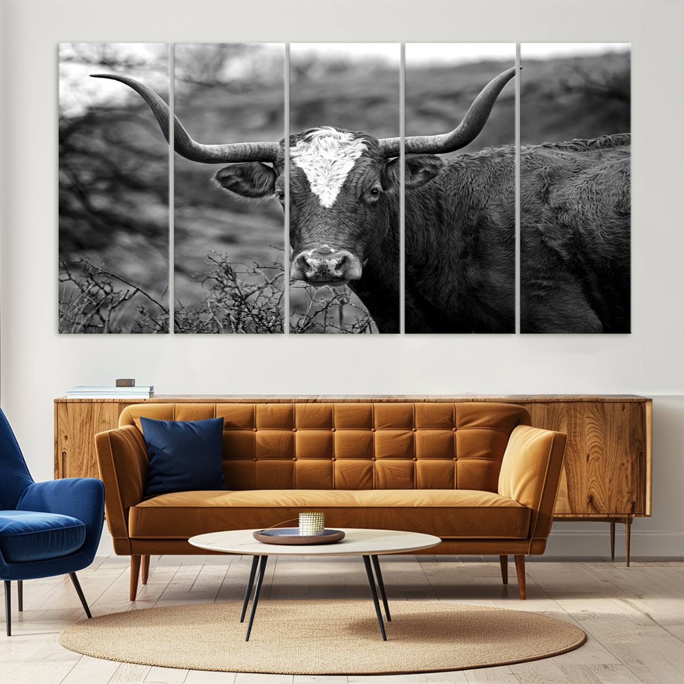 76200-MGV-CV-36X24-Western Home Wall Art Canvas Print, Framed Texas Longhorn Art Picture Print, Rustic Cow Perfect Rustic Farmhouse Decor Artwork