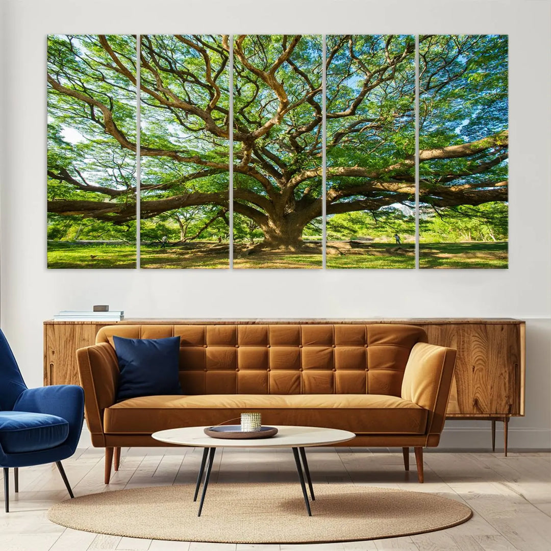 The Angel Oak Tree Wall Art, a multi-panel canvas print showcasing a large tree with sprawling branches and green leaves in a style reminiscent of the majestic Angel Oak Tree, elegantly adorns the wooden wall in the living room.