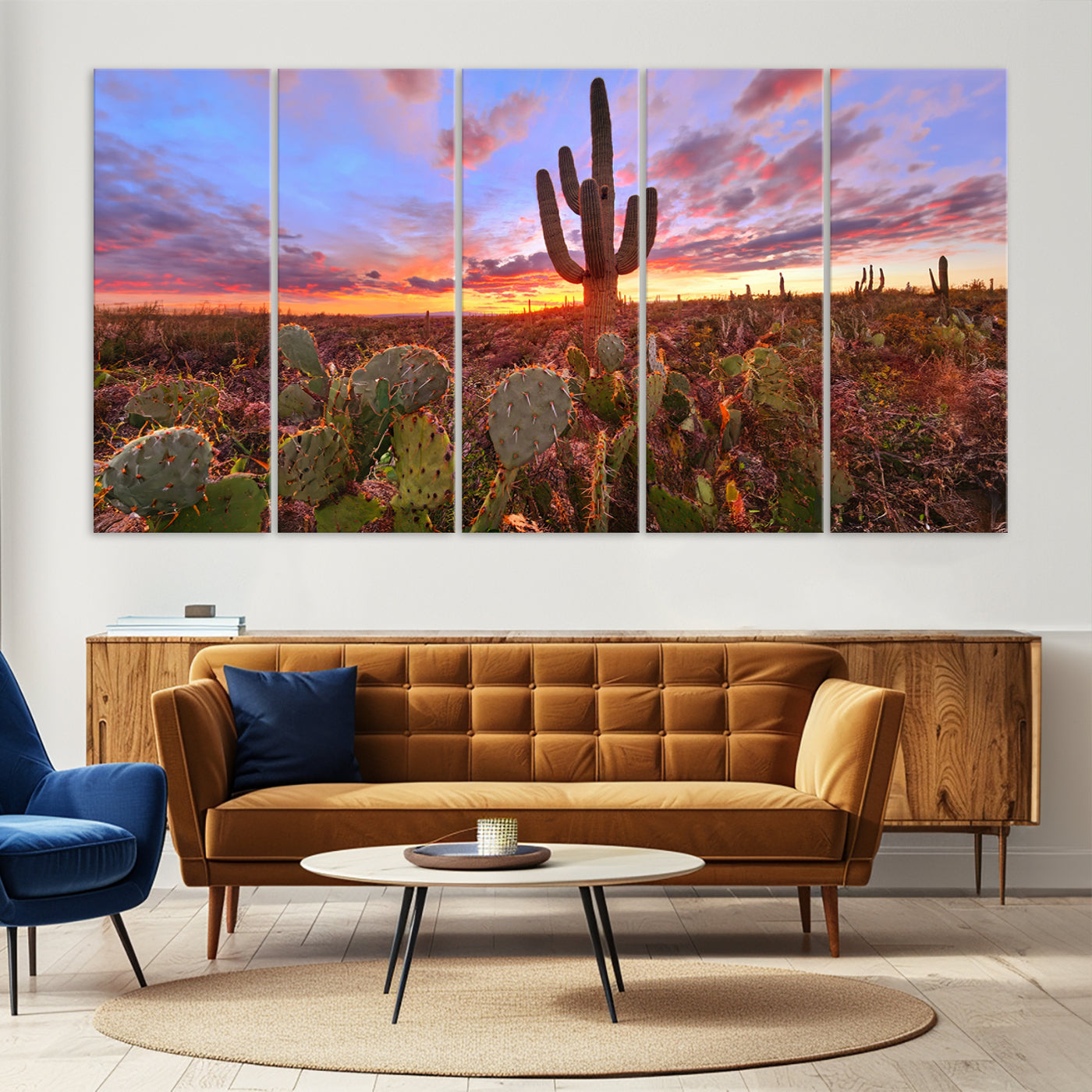 The Arizona Desert Sunset Wall Art Canvas Print hangs prominently.