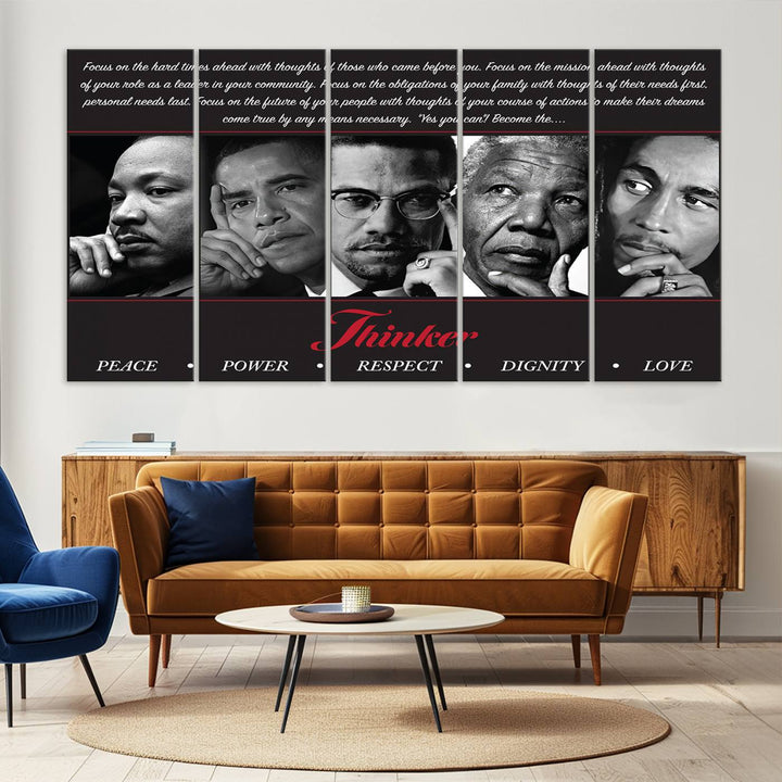 The wall art is a black and white piece featuring iconic figures accompanied by the words Thinker Peace Power Respect Dignity.