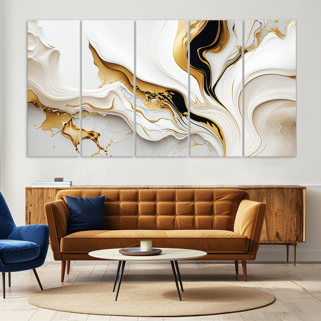 Modern interiors showcase Gold Waves on Pure White Canvas.