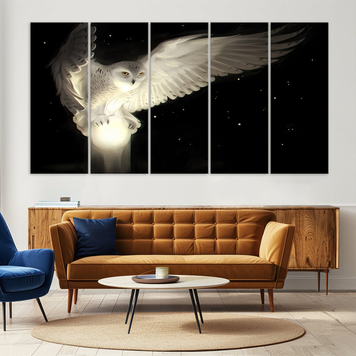 The Night Owl Art graces the wall with its depiction of a snowy owl on a glowing orb, perfect for modern decor.