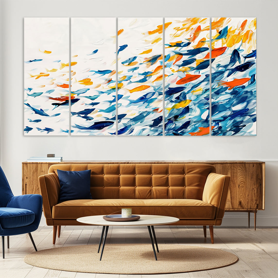 A colorful Abstract Fish Shoal Canvas Print hangs on the wall.