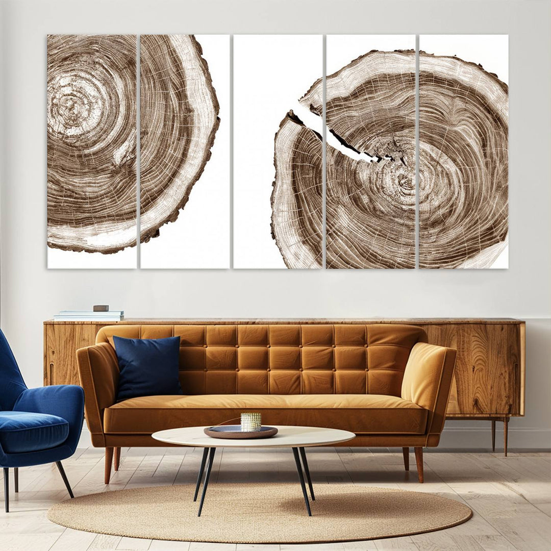 Wood Tree Ring Wall Art on a minimalist black and white canvas.