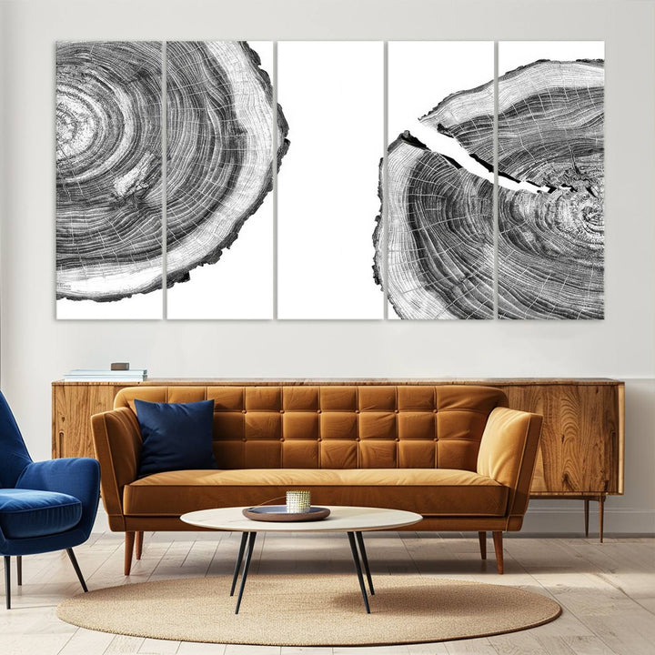 The minimalist art piece Abstract Large Tree Rings on canvas creates a striking focal point.