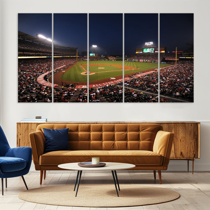 Aerial view of an LA Angels game at night, captured as stunning wall art on premium canvas, handmade in the USA.