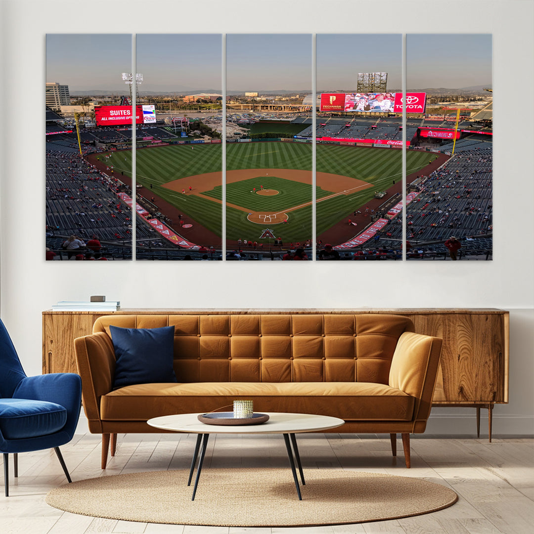 Aerial view of Angel Stadium, perfect as gallery-quality wall art - Los Angeles Angels Canvas Print.