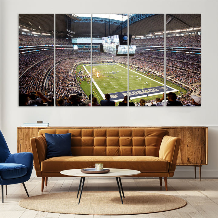 The wall art is a Dallas Cowboys AT&T Stadium Canvas Print, showcasing the iconic logo.