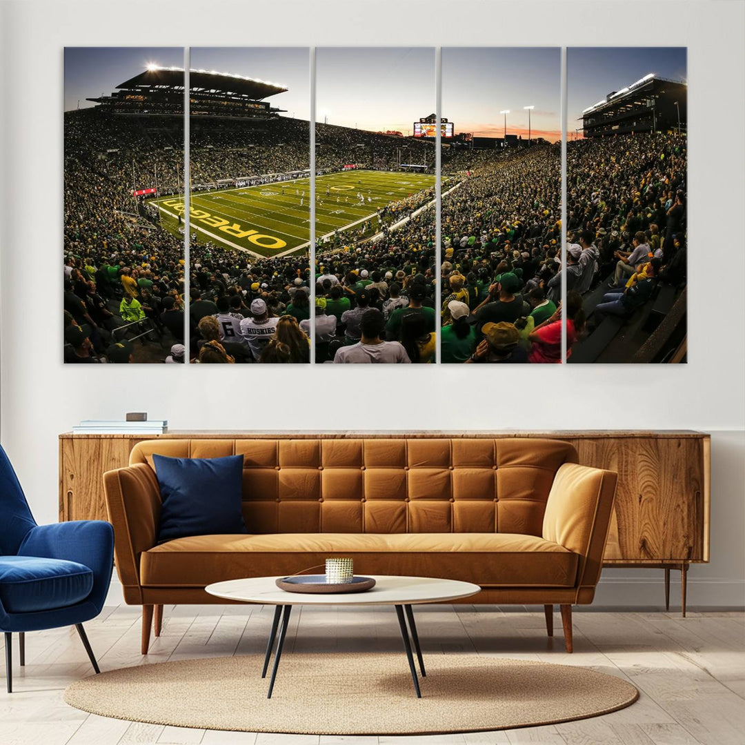 Autzen Stadium Evening Game Triple Canvas Wall Art - Oregon Ducks Football Match