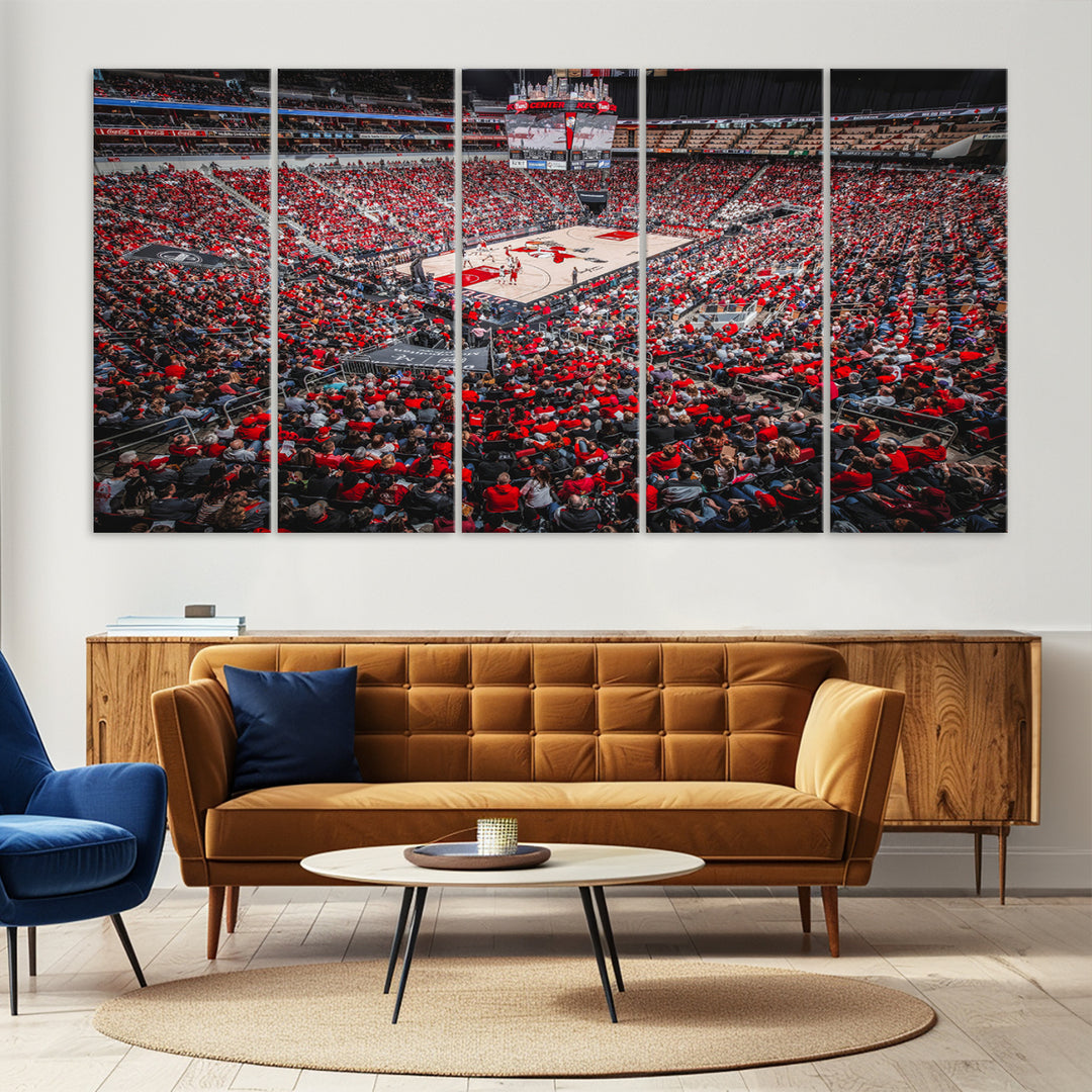 A painting of Louisville Cardinals fans in red at the KFC Yum Center Arena.