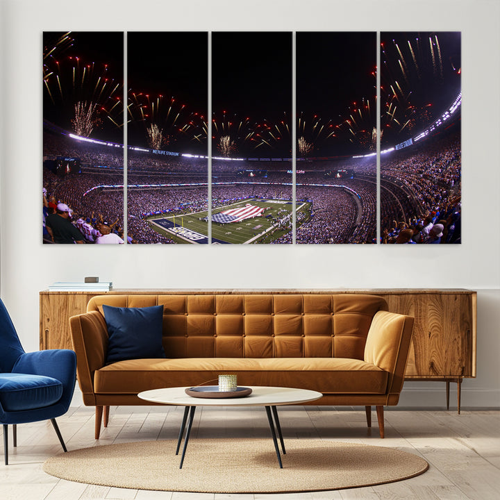 A vibrant wall art piece in MetLife Stadium features a stunning American flag design, capturing the spirited atmosphere of game day.