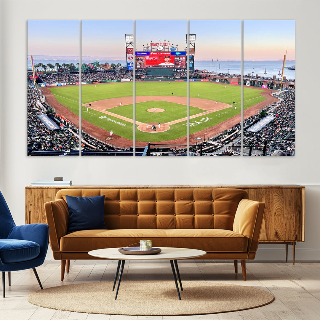 Gallery-quality canvas print of Oracle Park Stadium showcasing a waterfront view from behind home plate.