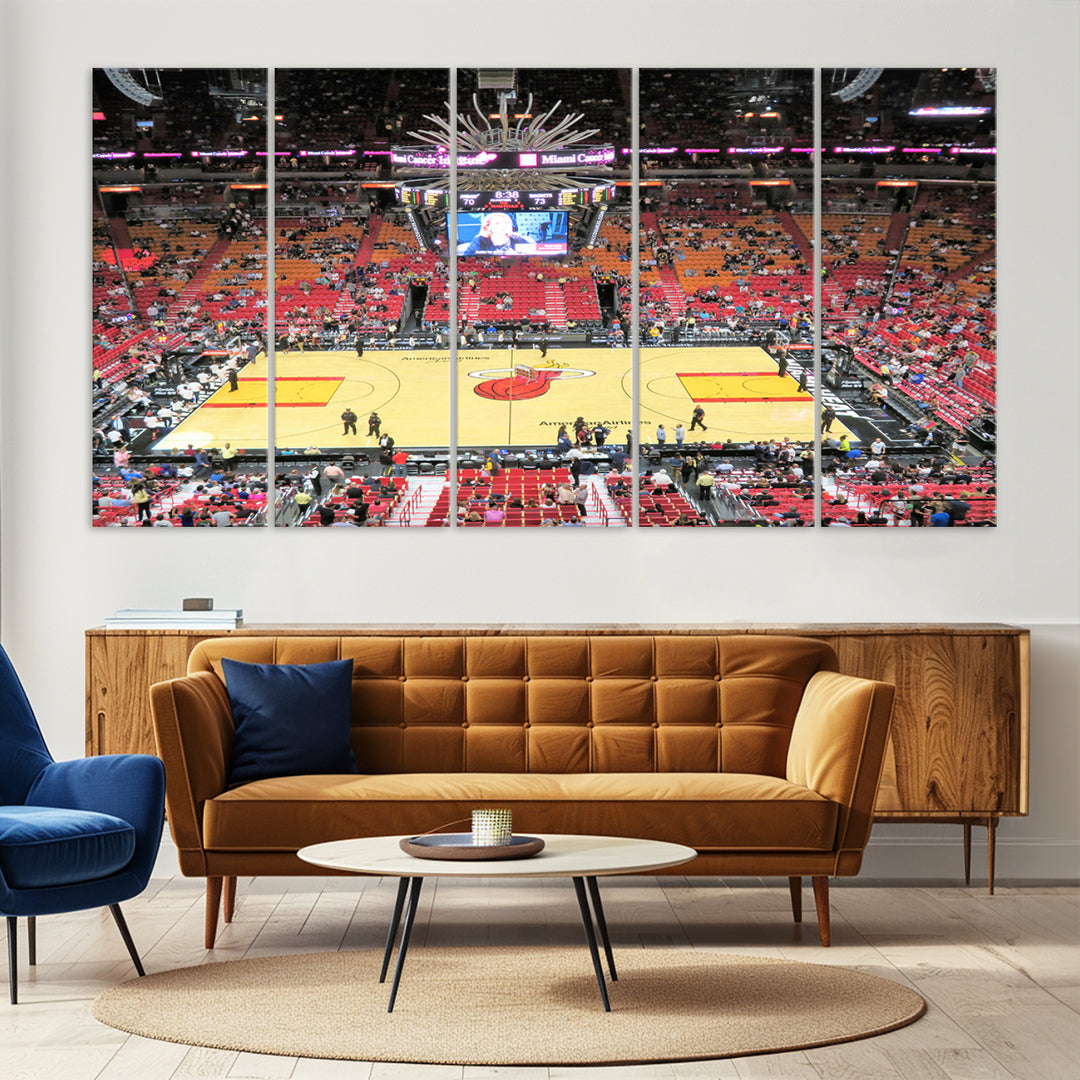 A Miami Heat Basketball Print showcases Kaseya Center Stadium Wall Art with a grand scoreboard.