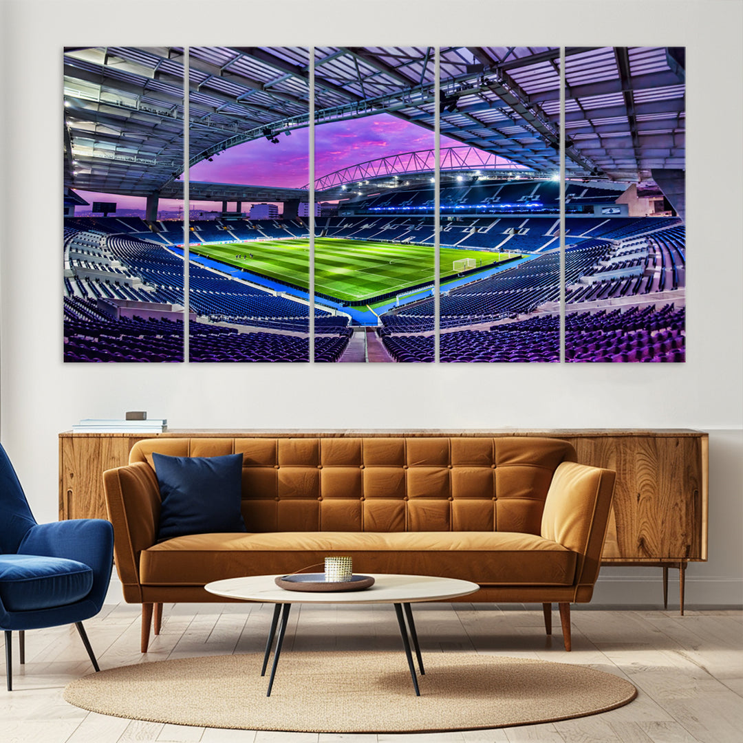 The FC Porto Soccer Team Dragon Stadium Wall Art Canvas Print decorates the room.