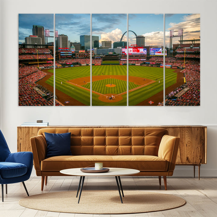 Canvas art of the St. Louis Cardinals Busch Stadium, capturing the citys skyline.