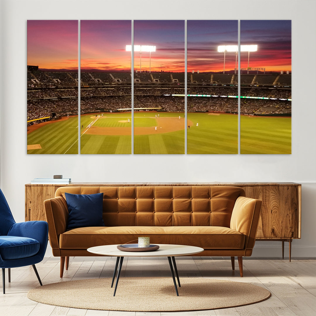 The Oakland Coliseum print is a museum-quality canvas depicting a full crowd and a sunset.