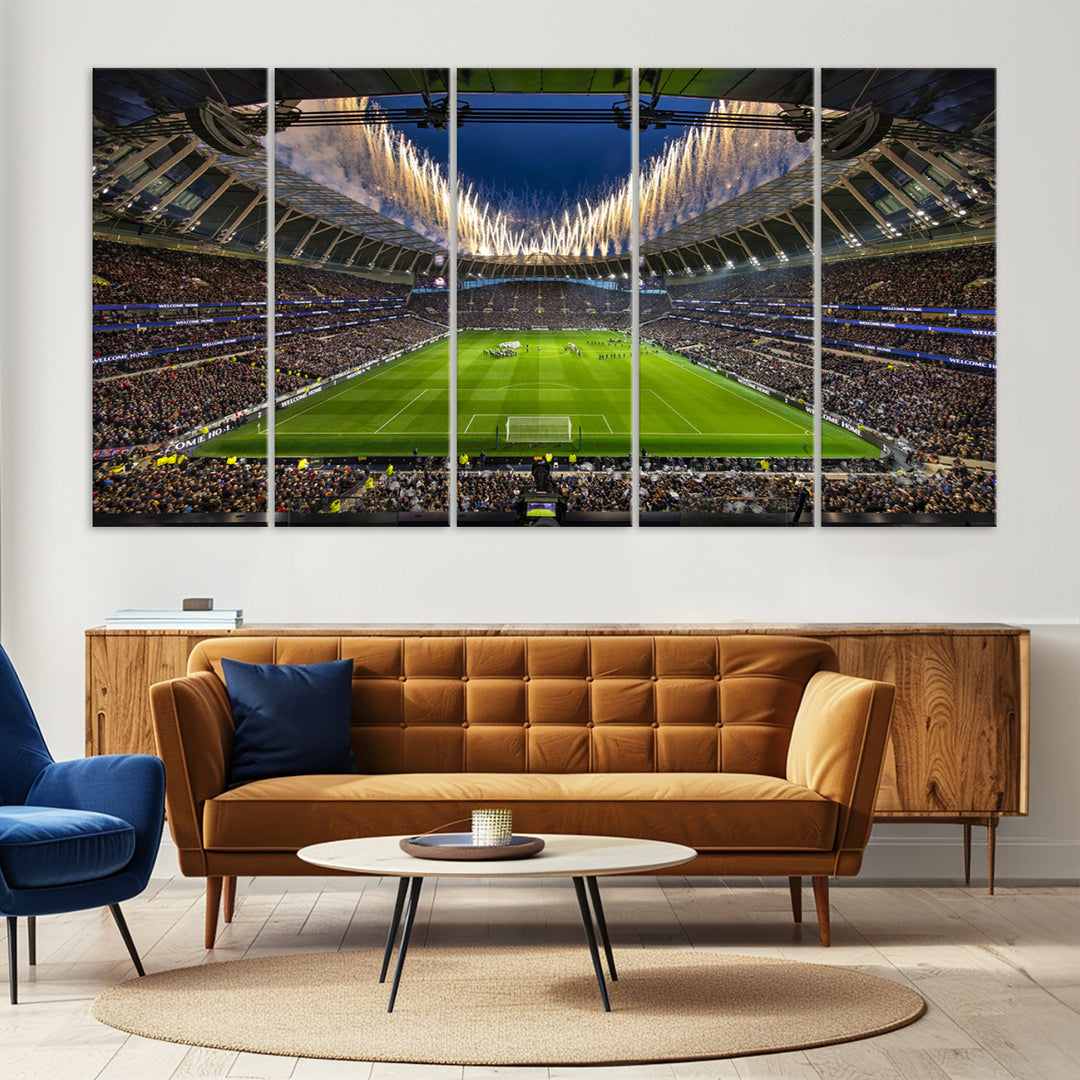 A stunning Tottenham Hotspur Stadium wall art captures the energy of a stadium packed with fans and vibrant lights.