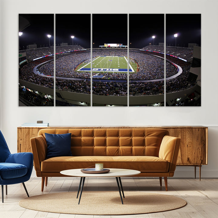 The Buffalo Bills NFL Highmark Stadium at night print captures the bright lights, conveying an exhilarating atmosphere.