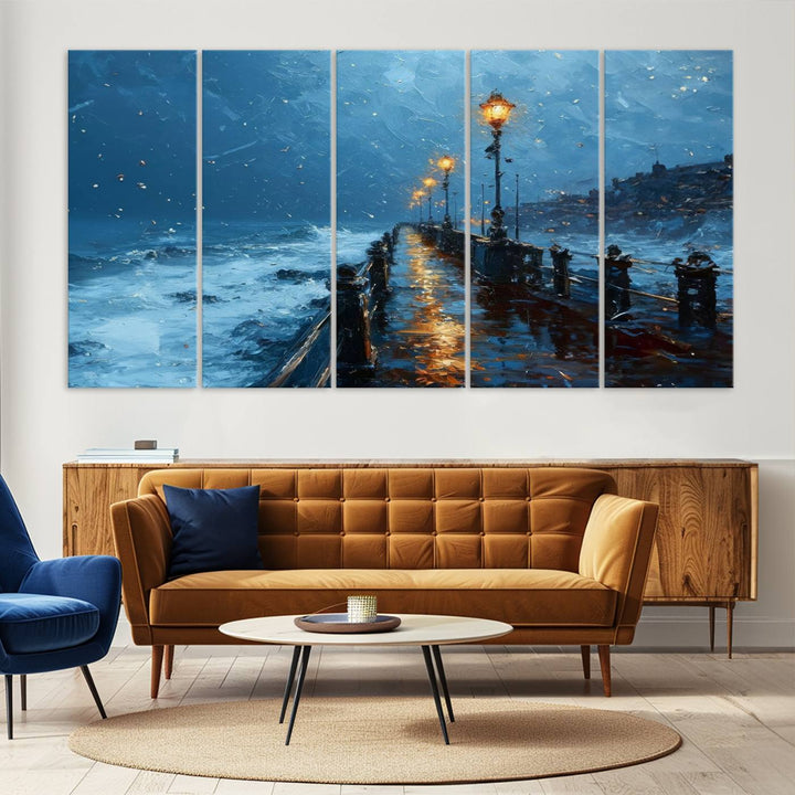 Framed 3-Panel Seaside Night Pier Oil Painting Canvas Wall Art | Ready to Hang Coastal Landscape Art for Modern Living Room, Office, or Bedroom Decor