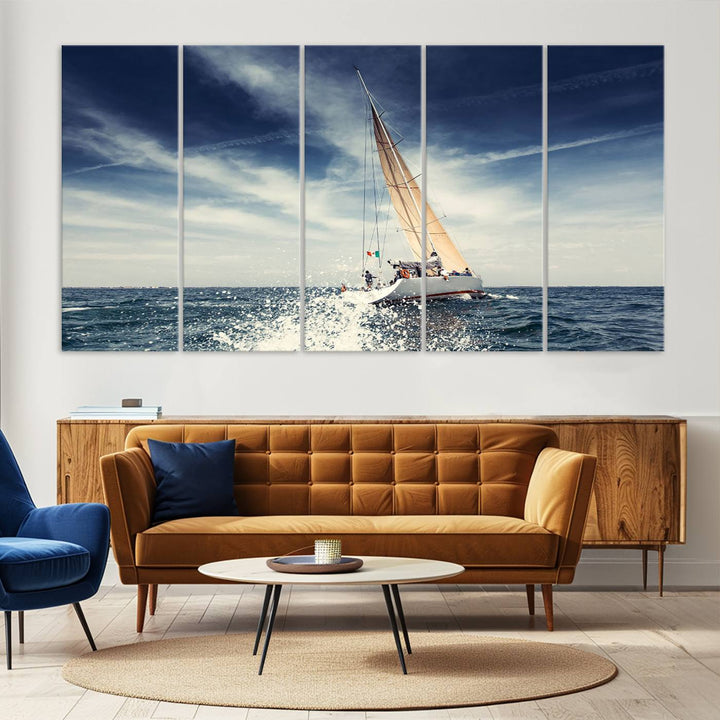 Sailboat Ocean Beach Blue Sky Wall Art Canvas Print