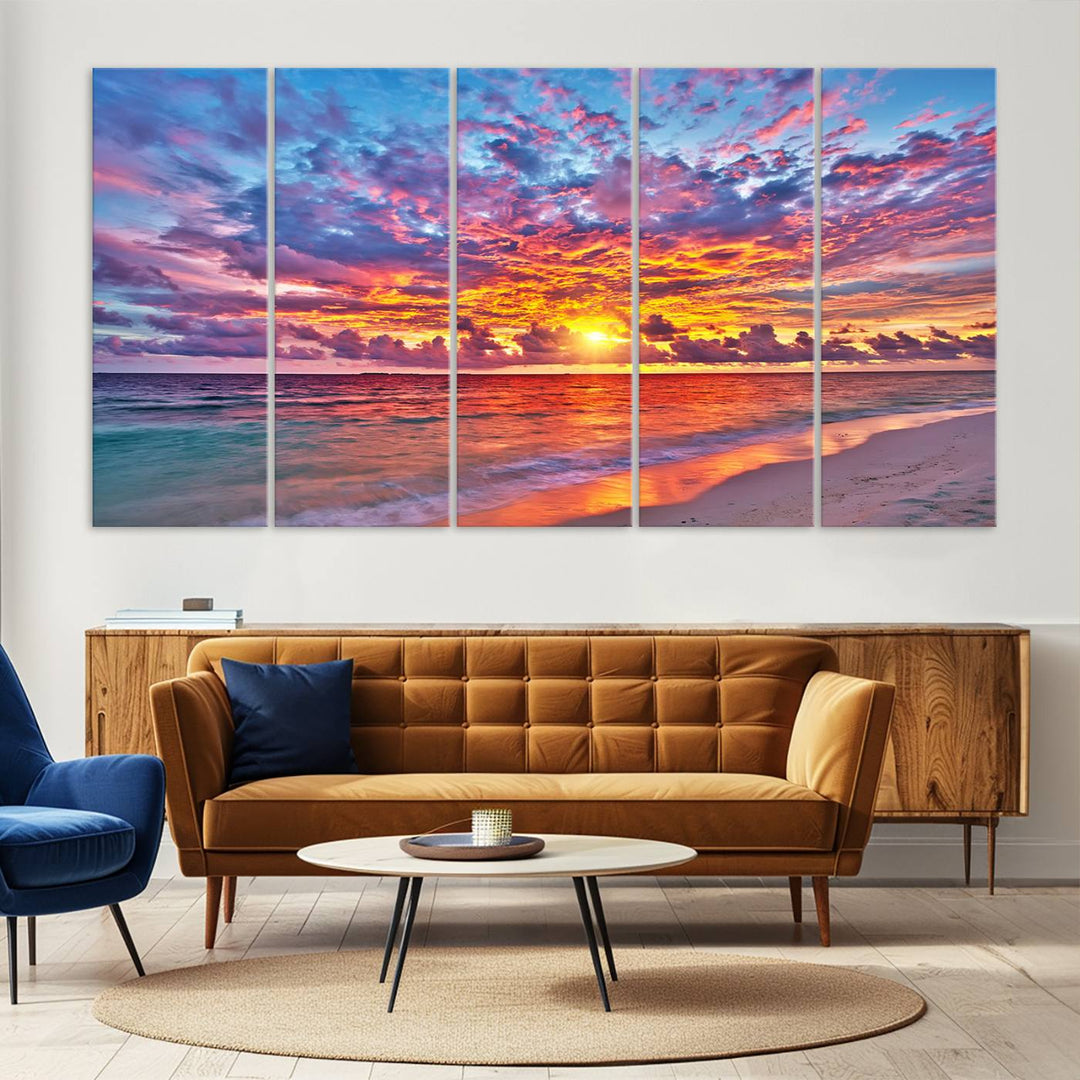 Vibrant Sunset Beach Wall Art | Ocean Sunset Canvas Print | Coastal Wall Art Decor | Ready to Hang | Stunning Sunset Scene for Home or Office Decor