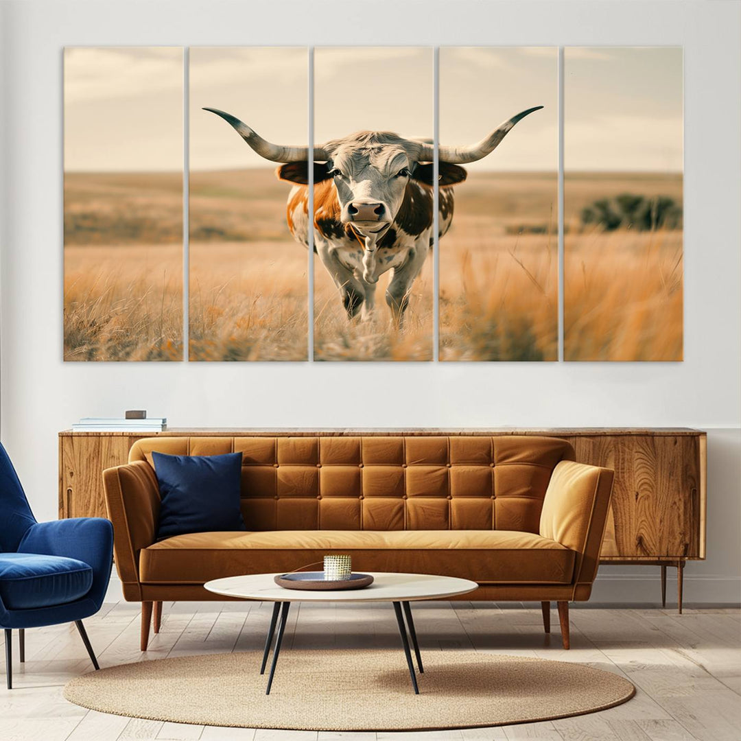 The Texas Cow Longhorn Wall Art Canvas adds rustic charm to the decor.