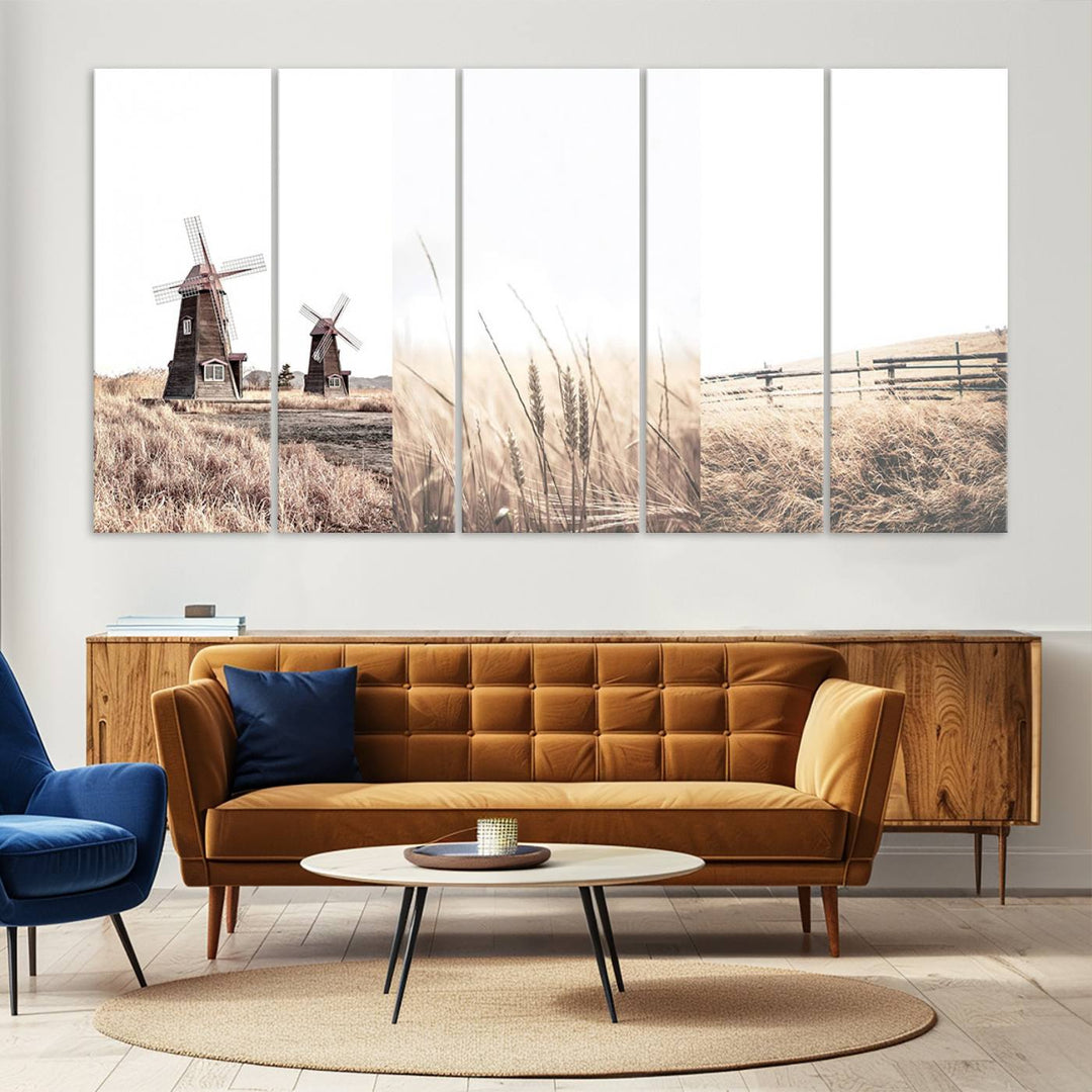 Farmhouse wall art set: 3 giclee canvas prints featuring windmills and wheat fields.