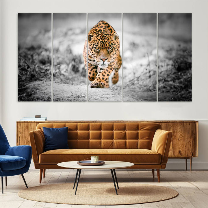 A striking three-panel "Jaguar Stalking Wall Art Canvas Print - Majestic Big Cat in Focused Pursuit" features a leopard walking forward, set against a black and white background.