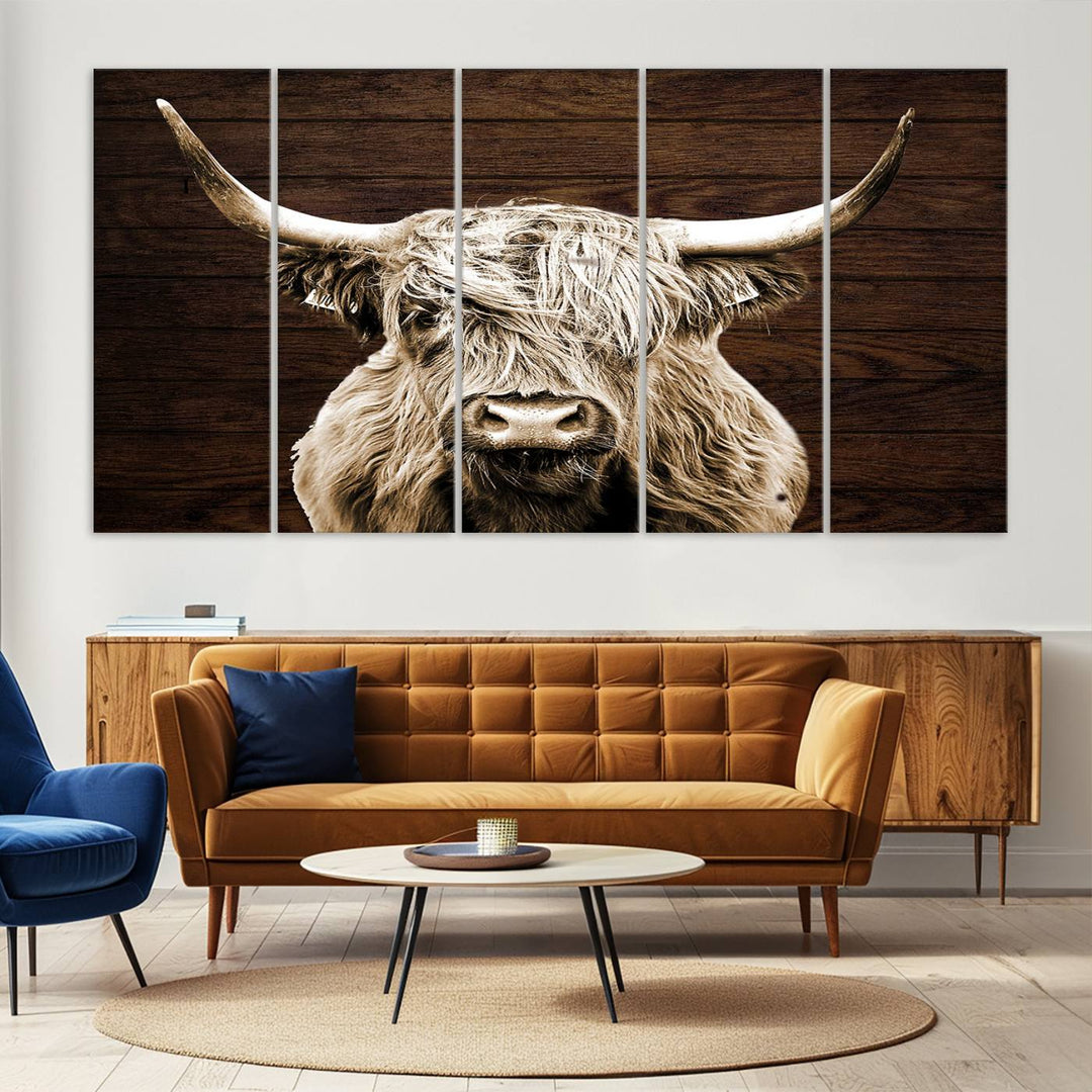 Highland Cow Wall Art Canvas Print: Majestic Scottish bull on rustic decor, ready to hang.