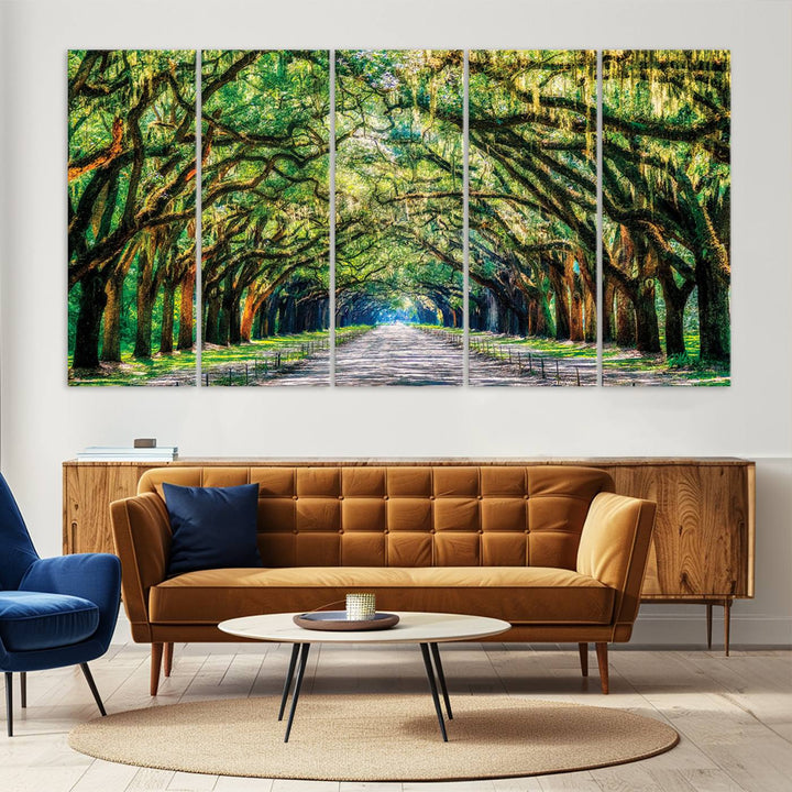 Serene Tree Tunnel Wall Art Canvas Print – Pathway Under Canopy of Lush Green Trees, Nature-Inspired Decor for Living Room – Ready to Hang