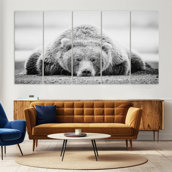 Resting Bear Wall Art Canvas Print – Majestic Lazy Black and White Wildlife Bear Art, Perfect for Nature-Inspired Home Decor – Ready to Hang