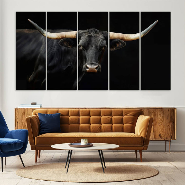 Texas Longhorn Cow | Majestic Black Bull Wall Art Canvas Print - Farmhouse Animal Decor - Ready to Hang