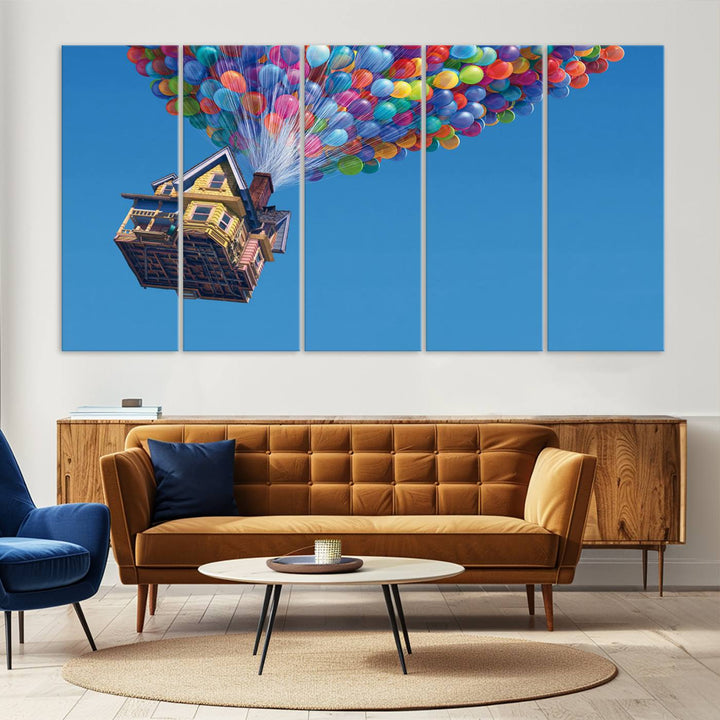 The "Carl Fredricksen, Up Movie Wall Art" features a three-panel design with a house lifted by colorful balloons, adding whimsical decor to any space.